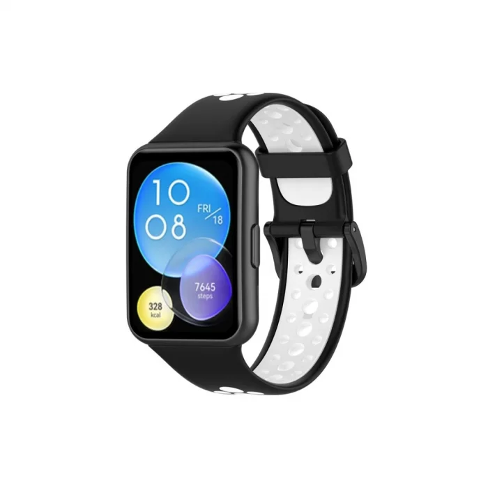BUĞZ Huawei Watch Fit 2 Spor Delikli Kordon - Siyah-beyaz