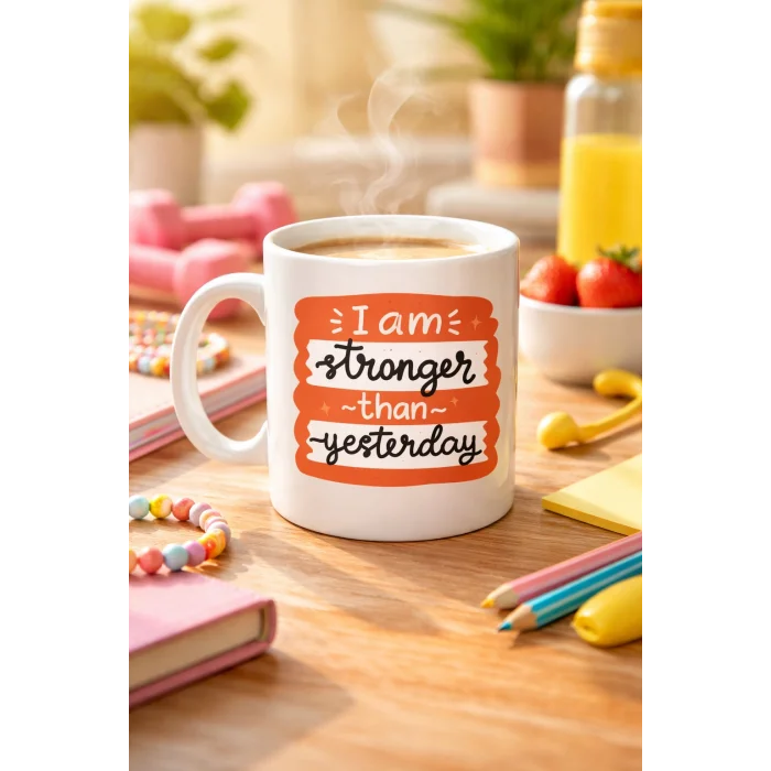 BUĞZ I Am Stronger Than Yesterday Motivasyon Kupası MODEL 136 – İlham Veren Tasarım, Porselen Kahve & Çay Kupası – Günlük Motivasyon Hediyesi