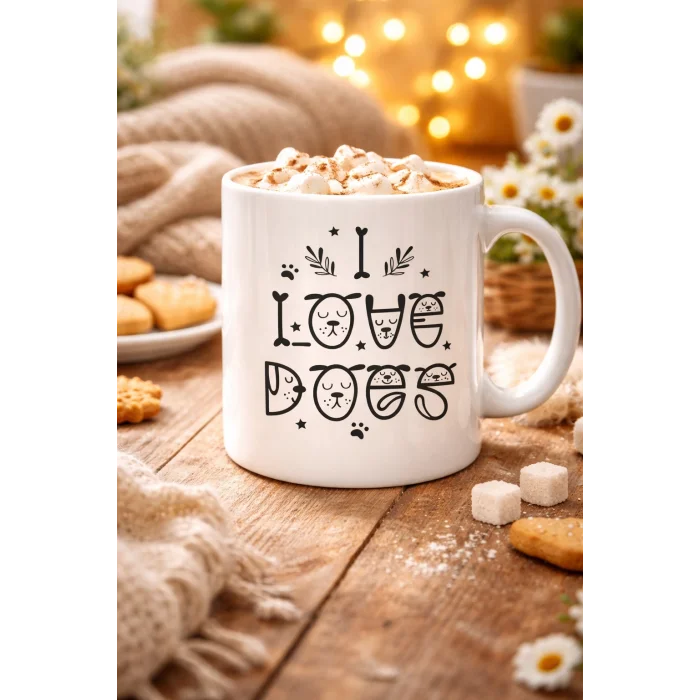 BUĞZ I Love Dogs Tasarımlı Porselen Kupa MODEL 64 – Sevimli Köpek Figürlü, Kahve & Çay Kupası