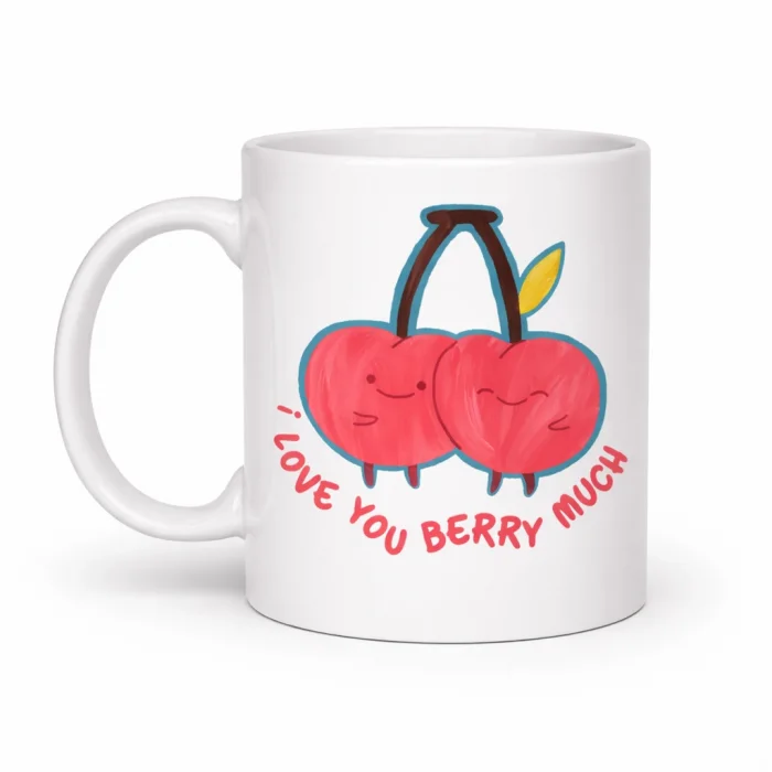 BUĞZ I Love You Berry Much Tasarımlı Kupa Model 12 Sevimli Kiraz Desenli Porselen Kahve Kupası - Hediye Fincanı