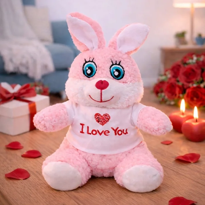 BUĞZ I Love You Tişörtlü Sevimli Pembe Peluş Tavşan