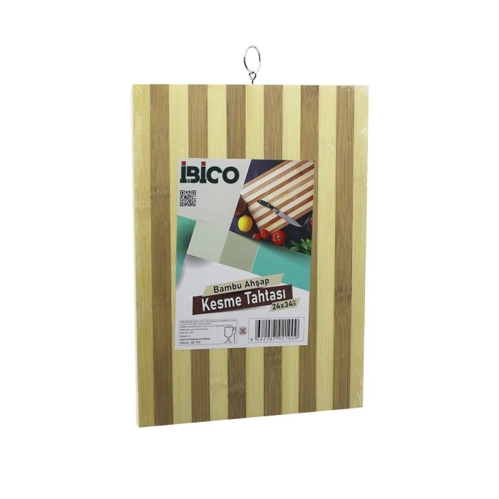 BUĞZ İbico İ22-190 Ahşap Bambu Kesim Panosu  Kesme Tahtası 24x34x1.3cm Beyaz Çizgili Metal Kulplu