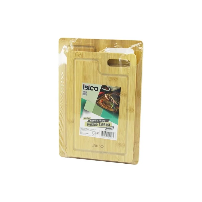 BUĞZ İbico İ22-196 2 Parça Set Düz Kenarlı Kanallı Oval Kulplu Ahşap Bambu Kesim Panosu 18x28x1cm 22x32x1cm