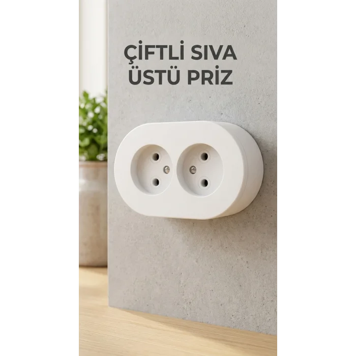 BUĞZ İkili Beyaz Topraklı Priz Modern Sıva Üstü Tasarım Duvar Elektrik Prizi