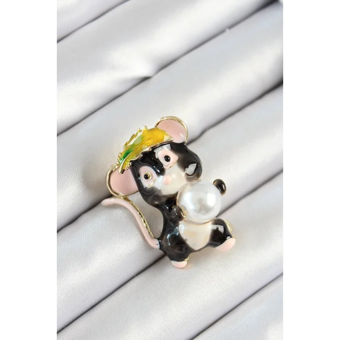 BUĞZ İnci Detaylı Siyah Ve Pembe 3D Sevimli Fare Figürlü Gold Renk Kadın Broş