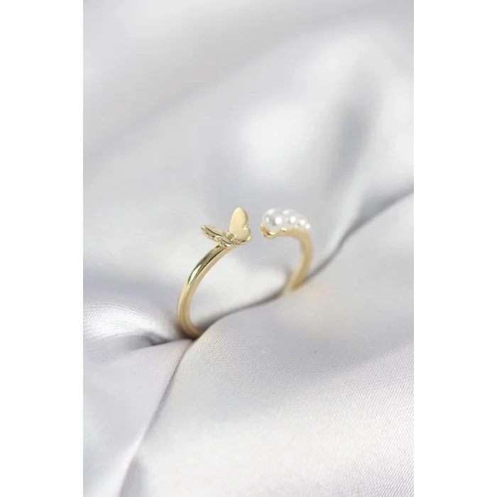 BUĞZ İncili Kelebek Model Gold Renk Pirinç Kadın Yüzük