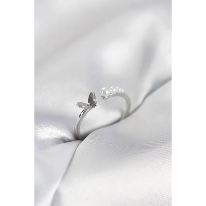 BUĞZ İncili Kelebek Model Gümüş Renk Pirinç Kadın Yüzük