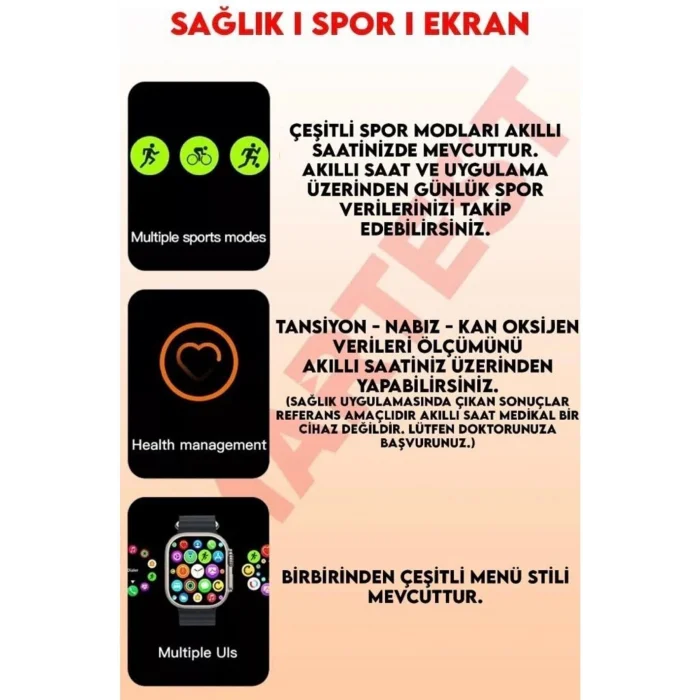 BUĞZ iOS ve Android Uyumlu Akıllı Saat, Nabız Sensörlü, Uyku Takibi, Siyah Silikon Kordonlu