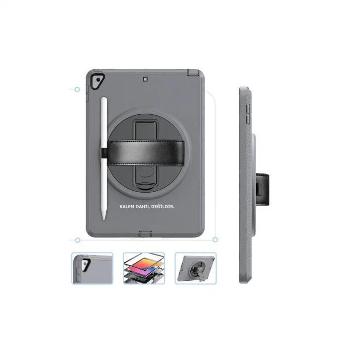 BUĞZ İpad 10.2 (7.nesil) Kılıf Hand Strap Tablet Kılıfı - Gri