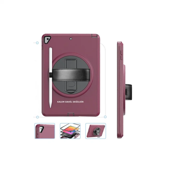 BUĞZ İpad 10.2 (7.nesil) Kılıf Hand Strap Tablet Kılıfı - Mürdüm