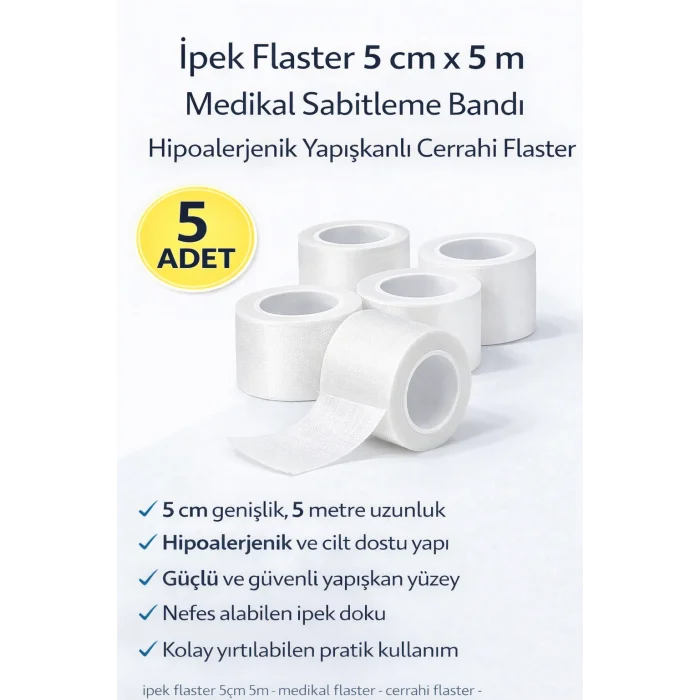 BUĞZ İpek Flaster 5 cm x 5 m 5 Adet Medikal Sabitleme Bandı Hipoalerjenik Yapışkanlı Cerrahi Flaster