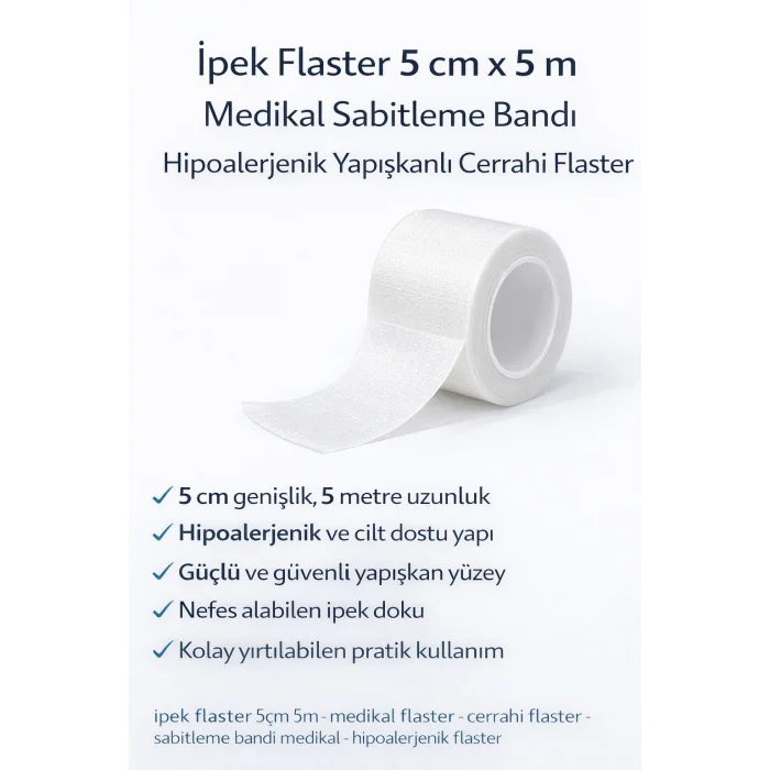 BUĞZ İpek Flaster 5 cm x 5 m Medikal Sabitleme Bandı Hipoalerjenik Yapışkanlı Cerrahi Flaster