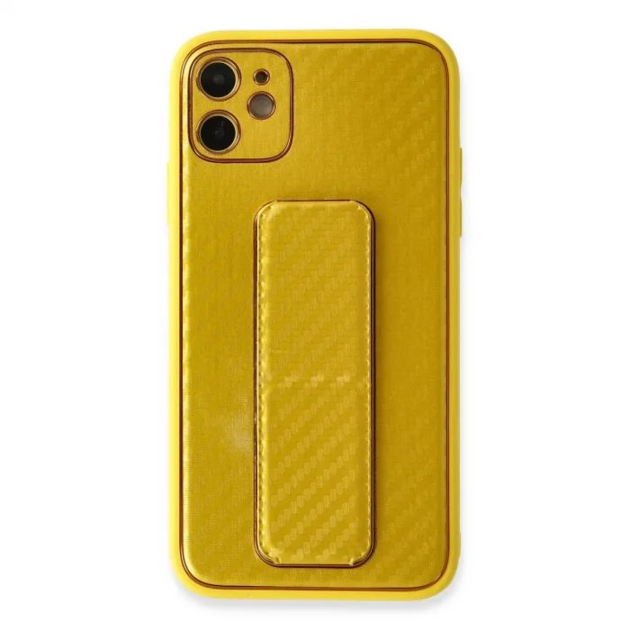 BUĞZ İphone 12 Kılıf Coco Karbon Standlı Kapak - Sarı