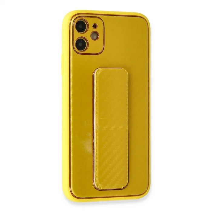 BUĞZ İphone 12 Kılıf Coco Karbon Standlı Kapak - Sarı