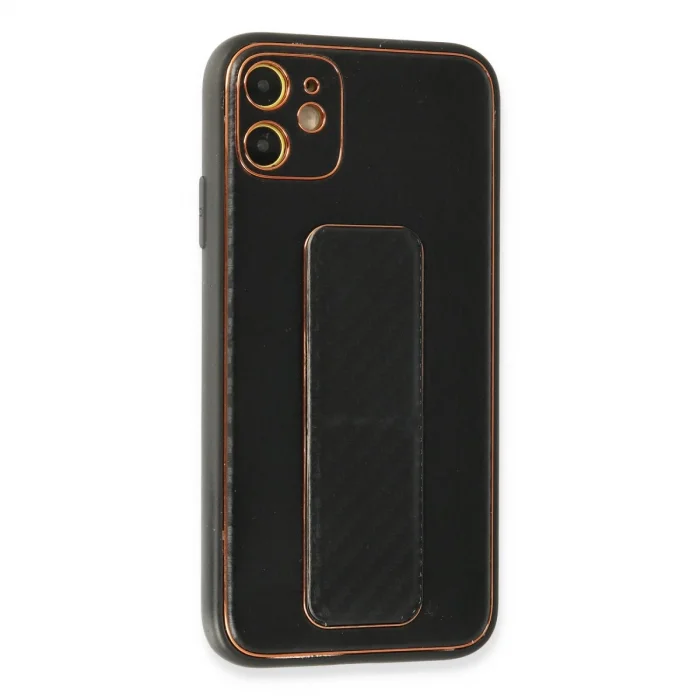 BUĞZ İphone 12 Kılıf Coco Karbon Standlı Kapak - Siyah