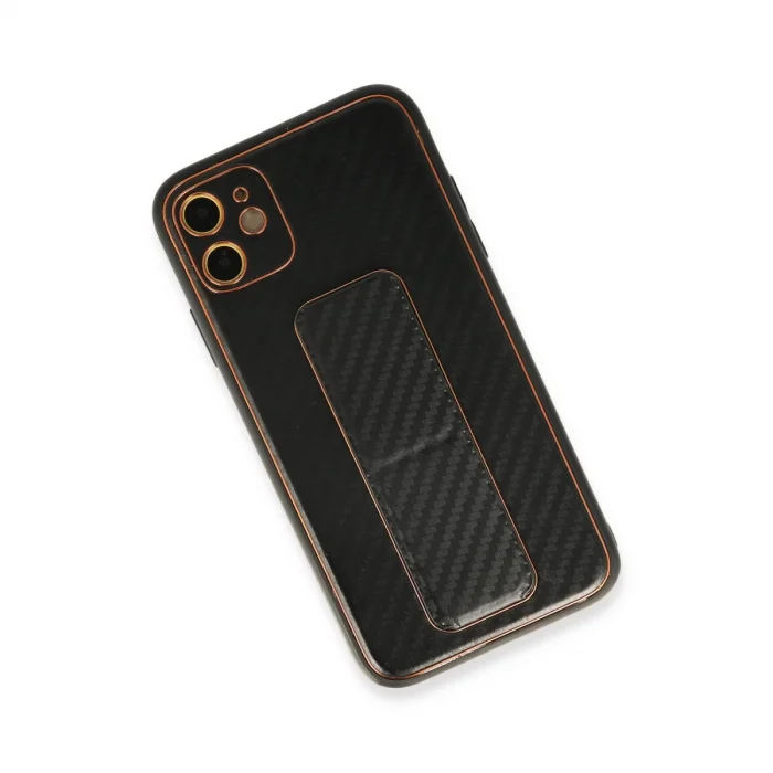 BUĞZ İphone 12 Kılıf Coco Karbon Standlı Kapak - Siyah