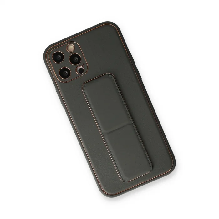 BUĞZ İphone 12 Pro Kılıf Coco Deri Standlı Kapak - Füme