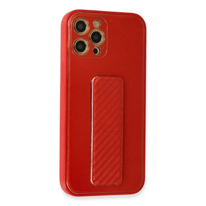 BUĞZ İphone 12 Pro Kılıf Coco Karbon Standlı Kapak - Kırmızı