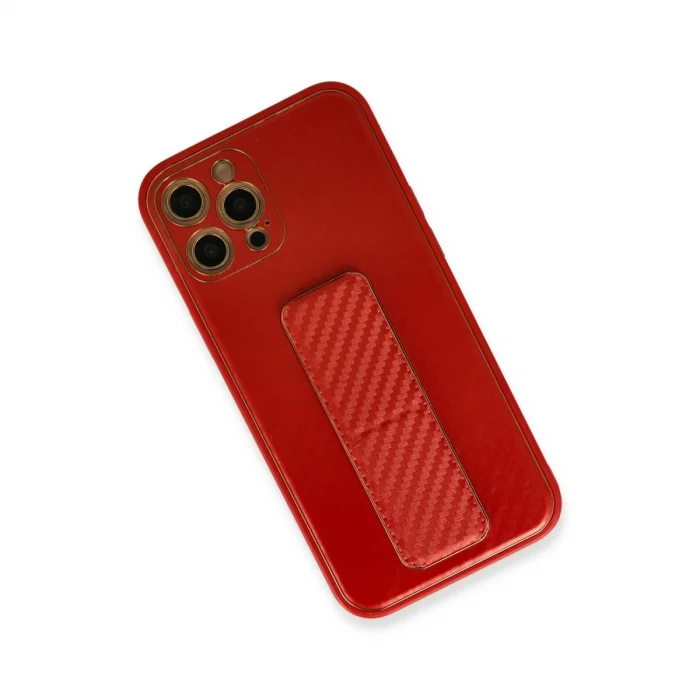 BUĞZ İphone 12 Pro Kılıf Coco Karbon Standlı Kapak - Kırmızı
