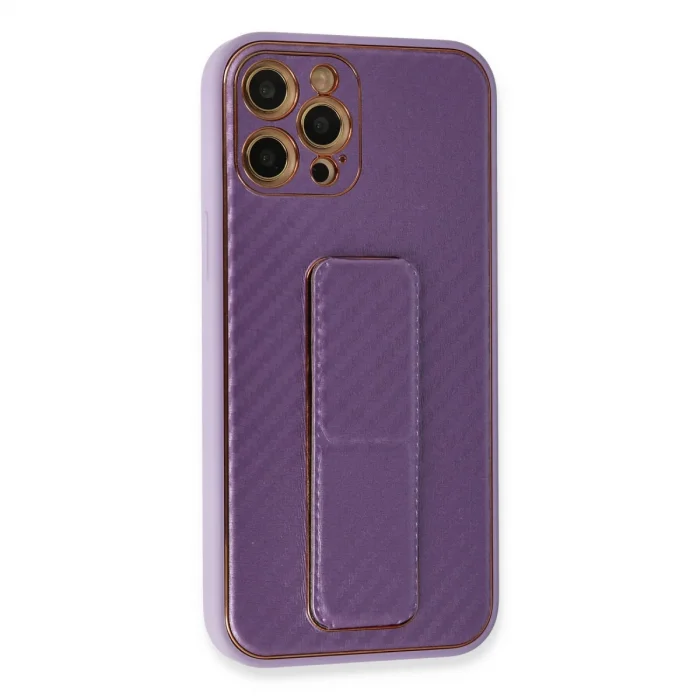 BUĞZ İphone 12 Pro Kılıf Coco Karbon Standlı Kapak - Mor