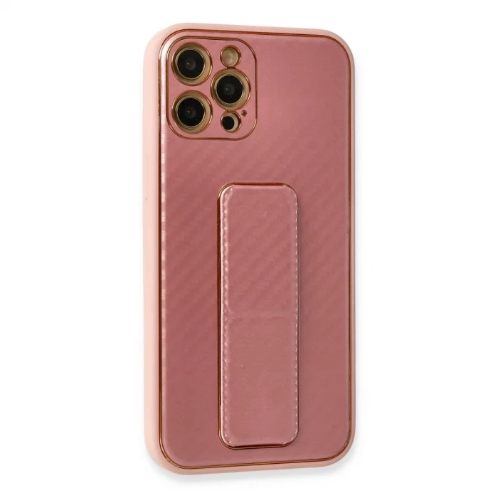 BUĞZ İphone 12 Pro Kılıf Coco Karbon Standlı Kapak - Pembe