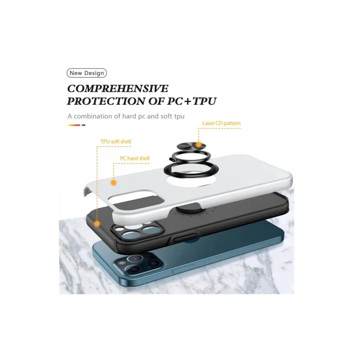 BUĞZ İphone 12 Pro Kılıf Elit Yüzüklü Kapak - Gümüş