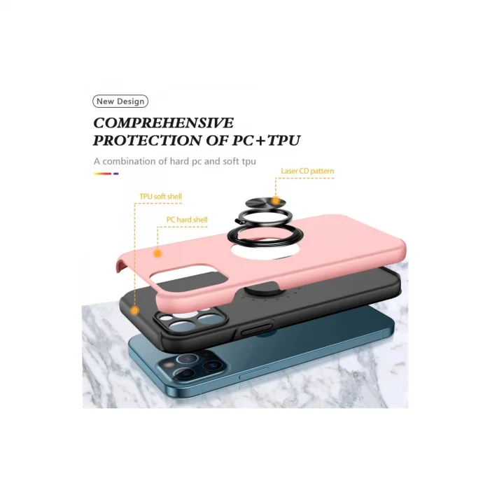BUĞZ İphone 12 Pro Kılıf Elit Yüzüklü Kapak - Pembe