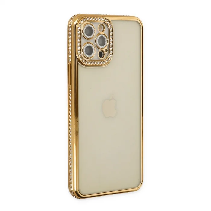 BUĞZ İphone 12 Pro Kılıf Joke Taşlı Silikon - Gold