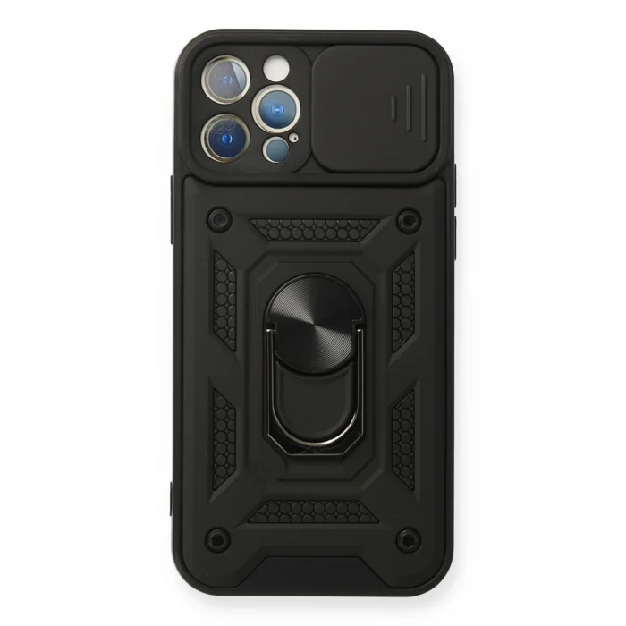 BUĞZ İphone 12 Pro Kılıf Pars Lens Yüzüklü Silikon - Siyah