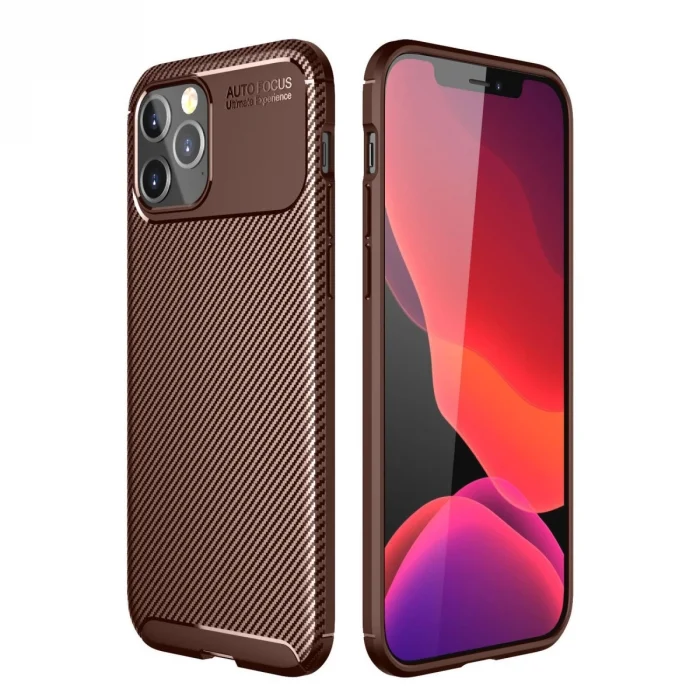 BUĞZ İphone 12 Pro Max Kılıf Auto Focus Karbon Kapak - Kahverengi
