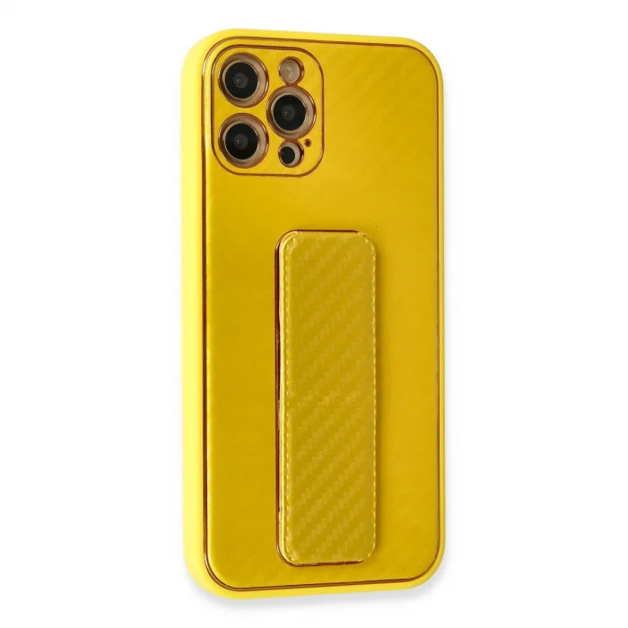 BUĞZ İphone 12 Pro Max Kılıf Coco Karbon Standlı Kapak - Sarı