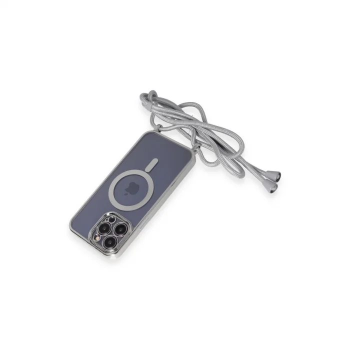 BUĞZ İphone 12 Pro Max Kılıf Divo Lazer Askılı Magsafe Kapak - Gümüş