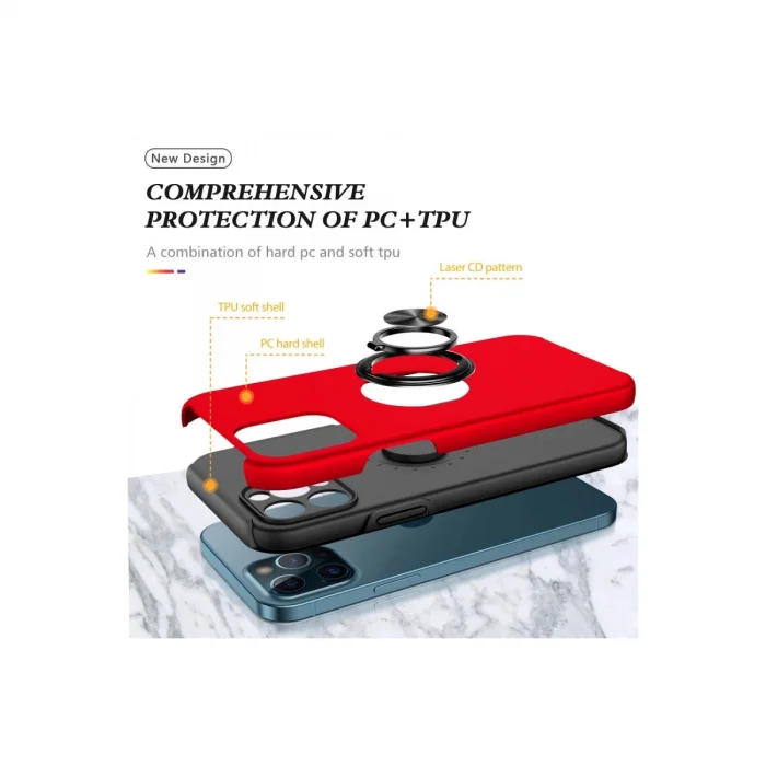 BUĞZ İphone 12 Pro Max Kılıf Elit Yüzüklü Kapak - Kırmızı