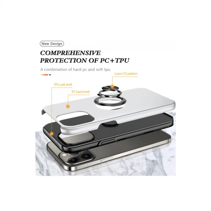 BUĞZ İphone 13 Pro Kılıf Elit Yüzüklü Kapak - Gümüş