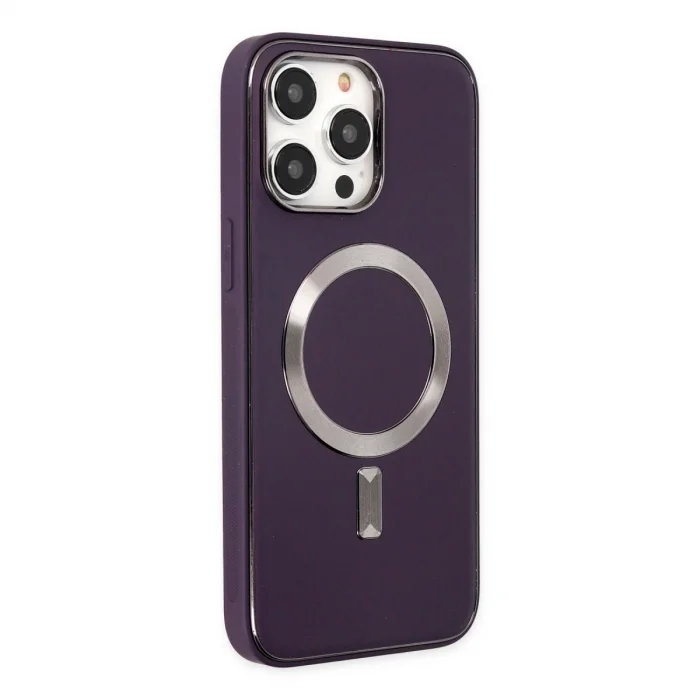 BUĞZ İphone 13 Pro Max Kılıf Coco Deri Magneticsafe Silikon - Derin Mor