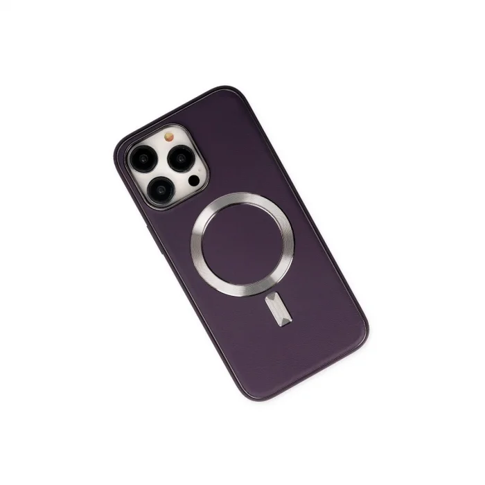 BUĞZ İphone 13 Pro Max Kılıf Coco Deri Magneticsafe Silikon - Derin Mor