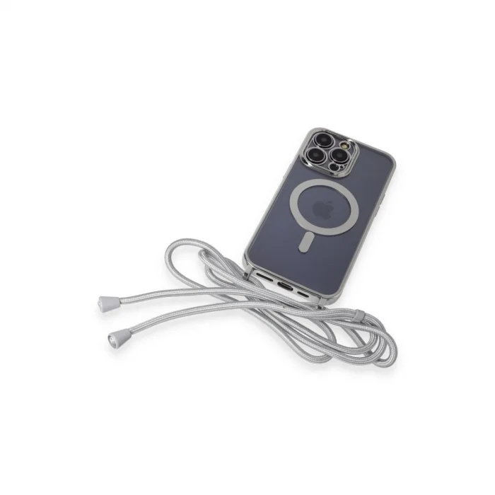 BUĞZ İphone 13 Pro Max Kılıf Divo Lazer Askılı Magsafe Kapak - Gümüş