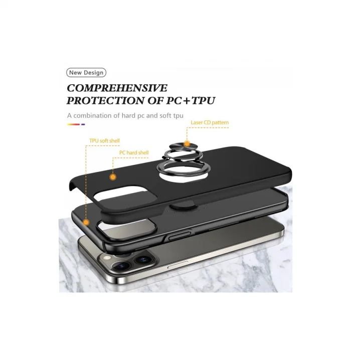 BUĞZ İphone 13 Pro Max Kılıf Elit Yüzüklü Kapak - Siyah