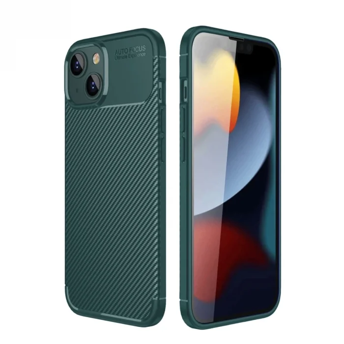 BUĞZ İphone 14 Kılıf Auto Focus Karbon Kapak - Koyu Yeşil