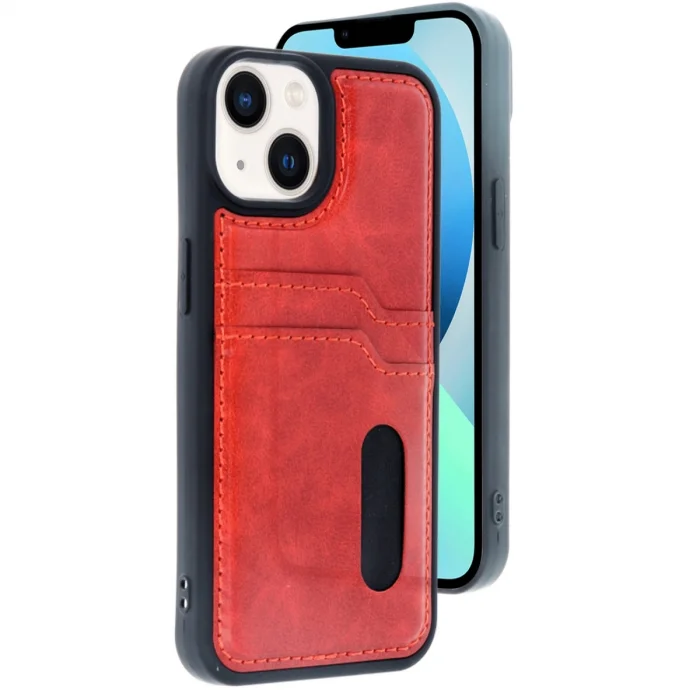 BUĞZ İphone 14 Kılıf Sara Kartvizitli Deri Kılıf - Kırmızı