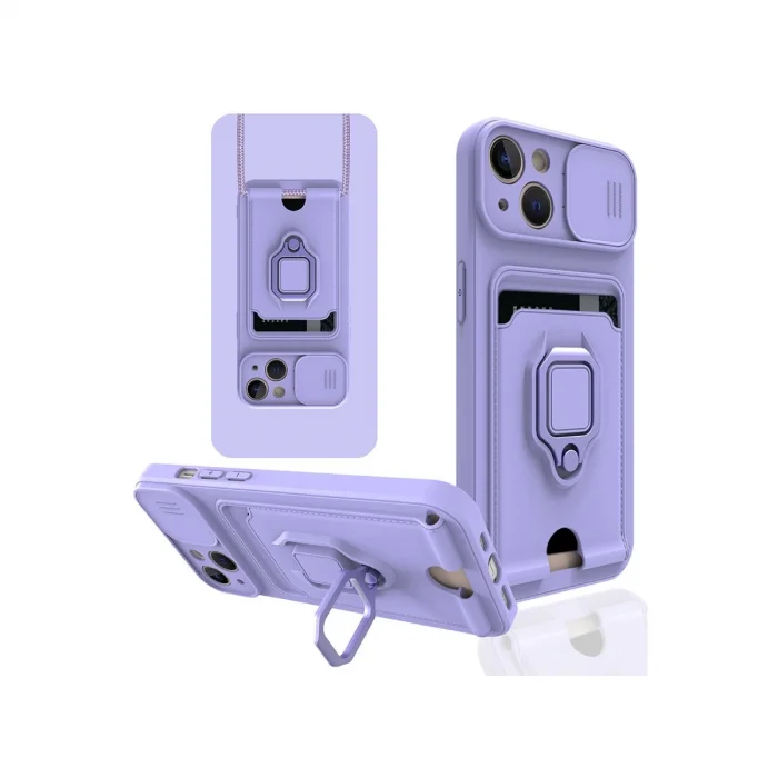 BUĞZ İphone 14 Kılıf Zuma Kartvizitli Yüzüklü Silikon - Lila