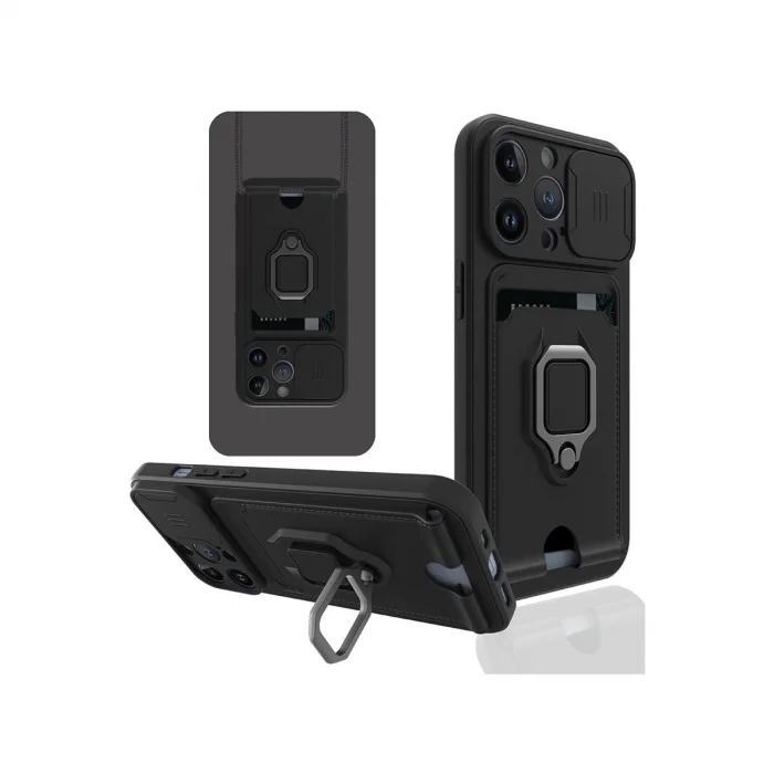 BUĞZ İphone 14 Pro Kılıf Zuma Kartvizitli Yüzüklü Silikon - Siyah