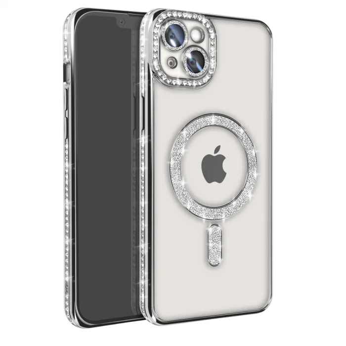 BUĞZ İphone 15 Kılıf Joke Simli Magneticsafe Kılıf - Gümüş