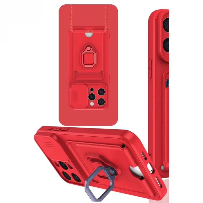 BUĞZ İphone 15 Pro Kılıf Zuma Kartvizitli Yüzüklü Silikon - Kırmızı