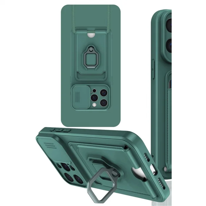 BUĞZ İphone 15 Pro Kılıf Zuma Kartvizitli Yüzüklü Silikon - Yeşil