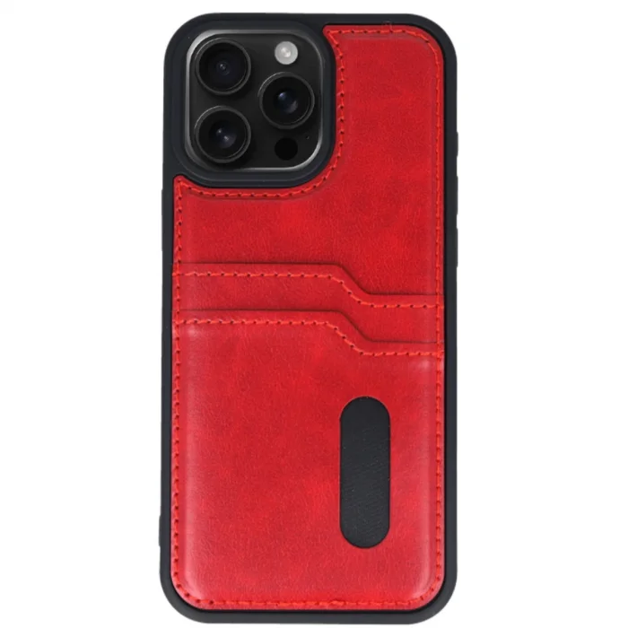 BUĞZ İphone 15 Pro Max Kılıf Sara Kartvizitli Deri Kılıf - Kırmızı