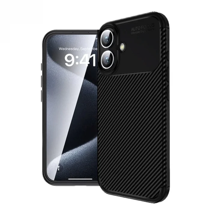 BUĞZ İphone 16 Kılıf Auto Focus Karbon Kapak - Siyah