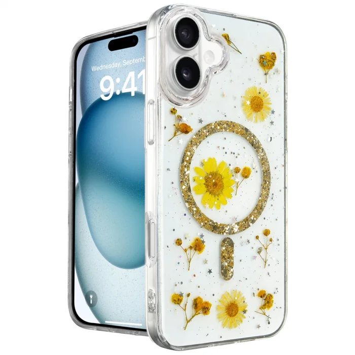 BUĞZ İphone 16 Kılıf Daisy Simli Magsafe Kapak - Gold