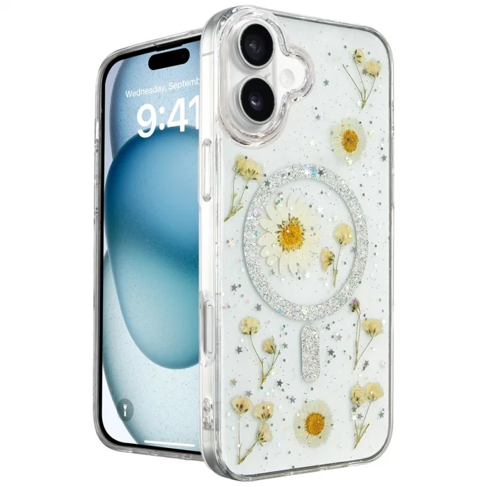 BUĞZ İphone 16 Kılıf Daisy Simli Magsafe Kapak - Gümüş