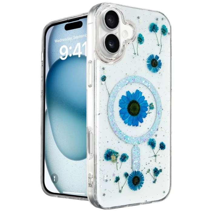 BUĞZ İphone 16 Kılıf Daisy Simli Magsafe Kapak - Mavi